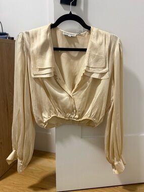 Horchow Cream Satin Cropped Blouse with Layered Sailor Collar